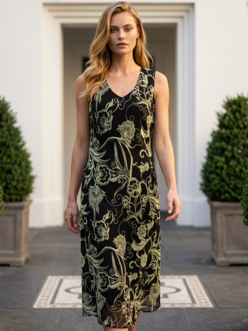 2 for $30 | Vintage Black and Green Chiffon Floral Midi Dress